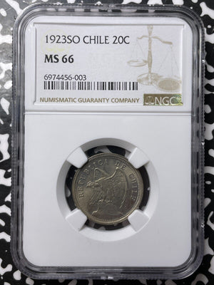 1923-So Chile 20 Centesimos NGC MS66 Lot#G7633 Gem BU! Solo Top Graded!