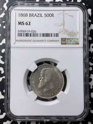 1868 Brazil 500 Reis NGC MS62 Lot#G8804 Silver! Nice UNC!