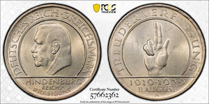 1929-A Germany Constitution 3 Mark PCGS MS63 Lot#G891 Silver! Choice UNC! J-340