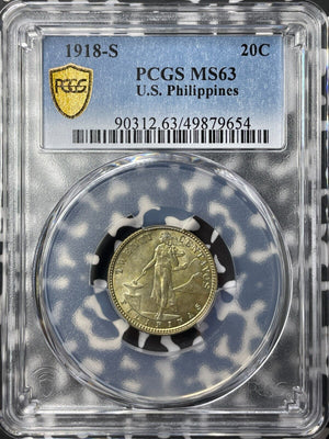 1918-S U.S. Philippines 20 Centavos PCGS MS63 Lot#G8350 Silver! Choice UNC!