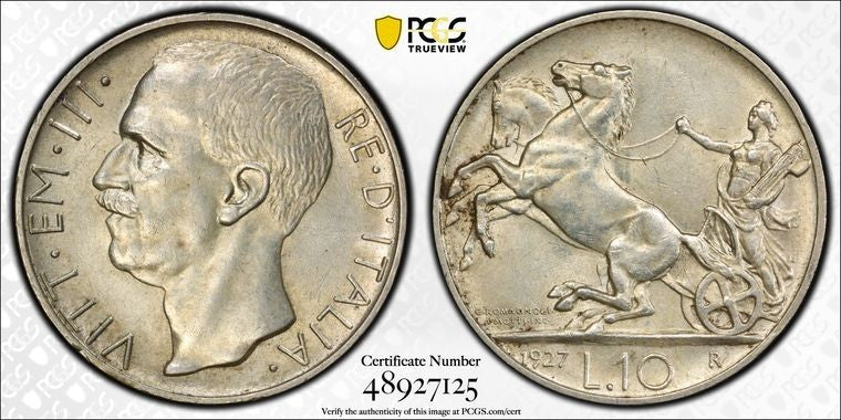 1927-R Italy 10 Lire PCGS AU58 Lot#G2170 Silver! KM#68.2