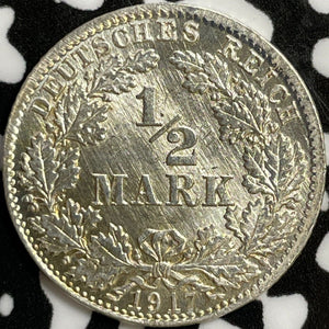 1917-D Germany 1/2 Mark Half Mark Lot#D6986 Silver! High Grade! Beautiful!