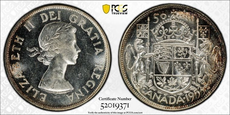 1953 Canada 50 Cents PCGS MS63 Lot#G1509 Silver! Large Date, No Strap