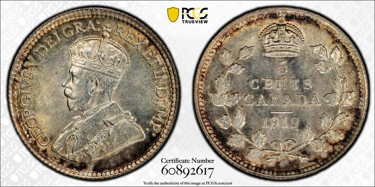 1919 Canada 5 Cents PCGS MS64 Lot#G2359 Silver! Choice UNC!