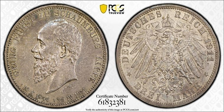 1911-A Germany Schaumburg-Lippe 3 Mark PCGS MS62 Lot#G3446 Silver! J-166