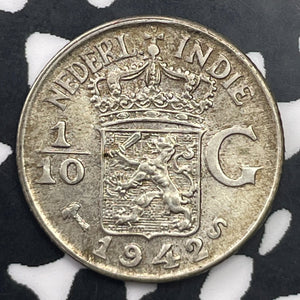 1942-S Netherlands East Indies 1/10 Gulden Lot#C1462 Silver!