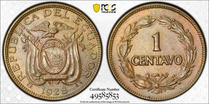 1928 Ecuador 1 Centavo PCGS MS63BN Lot#G7569 Choice UNC! KM#67