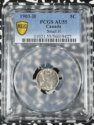 1903-H Canada 5 Cents PCGS AU55 Lot#G9956 Silver! Small 'H' Variety