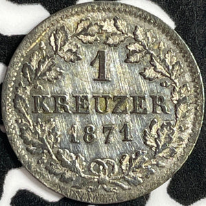 1871 Germany Bavaria 1 Kreuzer Lot#D9031 Silver! High Grade! Beautiful!