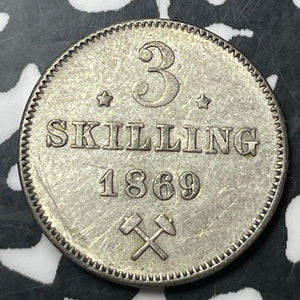 1869 Norway 3 Skilling Lot#E9534 Silver! Nice! KM#330.2