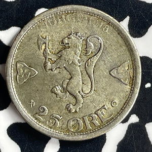 1918 Norway 25 Ore Lot#T7031 Silver! Nice!