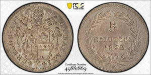 1842-B Papal States 5 Baiocchi PCGS MS63 Lot#G8245 Silver! Solo Top Graded!