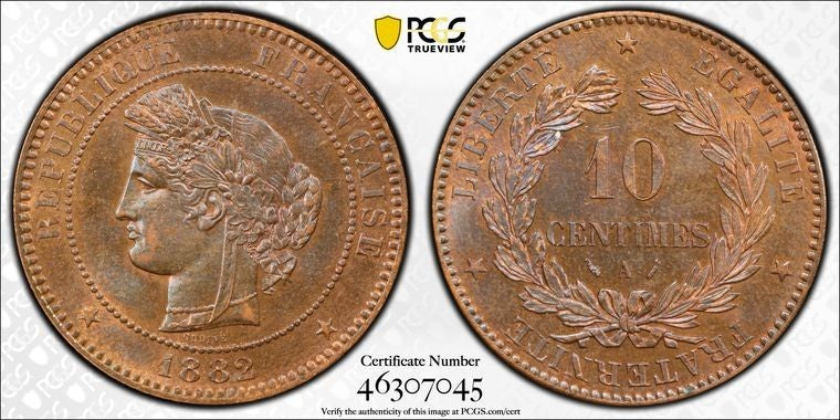 1882-A France 10 Centimes PCGS MS64BN Lot#G1997 Beautiful Toning! Gad-265a