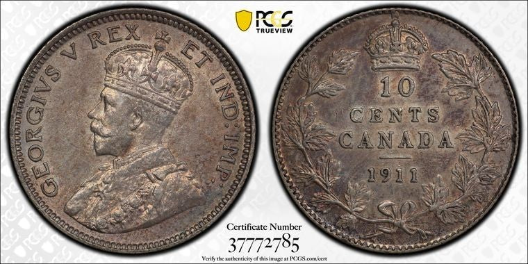 1911 Canada 10 Cents PCGS AU58 Lot#G2007 Silver!