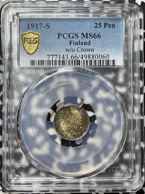 1917 Finland 25 Pennia PCGS MS66 Lot#G8156 Gem BU! Beautiful Toning! W/o Crown