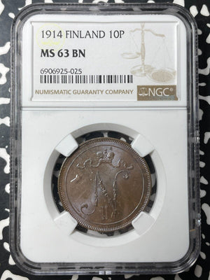 1914 Finland 10 Pennia NGC MS63BN Lot#G8884 Choice UNC!