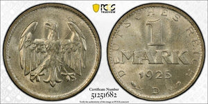 1925-D Germany 1 Mark PCGS MS63 Lot#G9338 Silver! Choice UNC! J-311