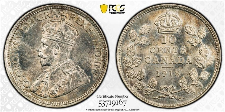1918 Canada 10 Cents PCGS MS63 Lot#G3677 Silver! Choice UNC!