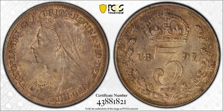 1897 Great Britain Victoria 3 Pence PCGS MS63 Lot#G2128 Silver! S-3942