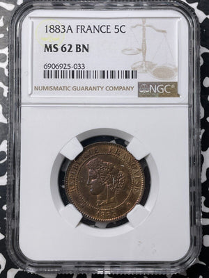 1883-A France 5 Centimes NGC MS62BN Lot#G8892 Nice UNC!