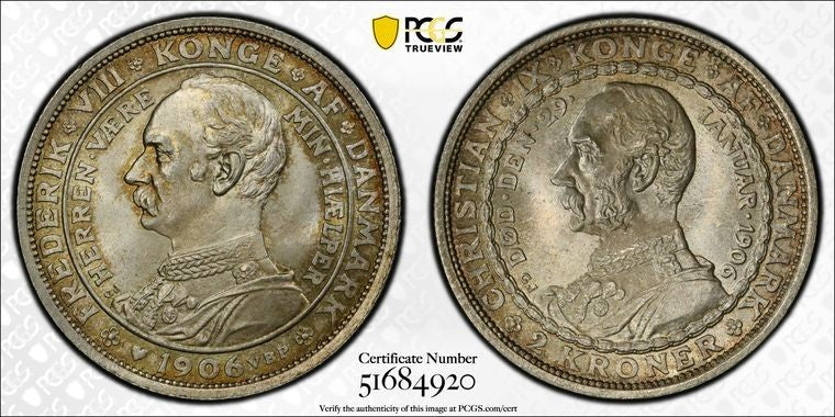 1906-VBP GJ Denmark 2 Kroner PCGS MS66 Lot#G2102 Silver! Gem BU!