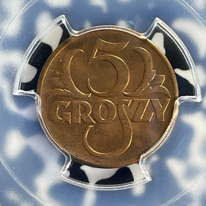 1939-(w) Poland 5 Groszy PCGS MS65RD Lot#G775 Gem BU!