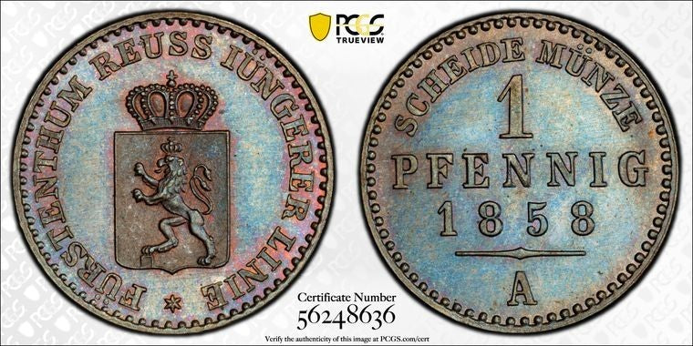 1858-A Germany Reuss-Schleiz 1 Pfennig PCGS MS65BN Lot#G2202 Top Graded!