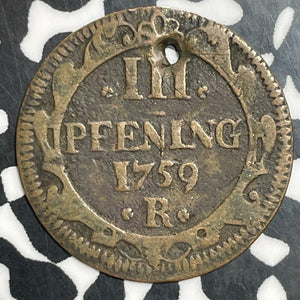 1759-R Germany Rostock 3 Pfennig Lot#T2556 Holed, KM#116
