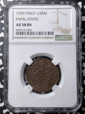 1759-I Papal States 1/2 Baiocco NGC AU58BN Lot#G9021 Top Graded!