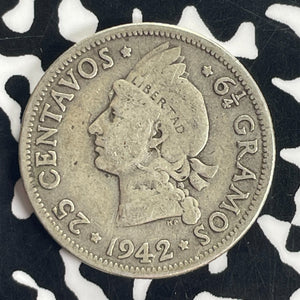 1942 Dominican Republic 25 Centavos Lot#T8820 Silver!