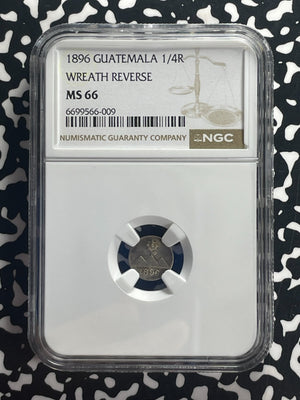 1896 Guatemala 1/4 Real NGC MS66 Lot#G823 Silver! Gem BU! Wreath Reverse