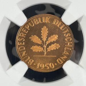 1950-G West Germany 1 Pfennig NGC PR66RD Cameo Lot#G9935 Proof! 1,800 Minted
