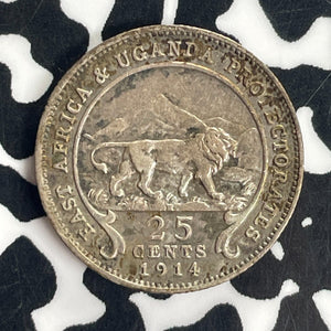 1914-H East Africa & Uganda 25 Cents Lot#T8511 Silver! Scarce! Obverse Scratch