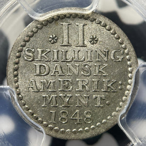 1848 Danish West Indies 2 Skilling PCGS MS62 Lot#G9183 Silver! Nice UNC! KM#19