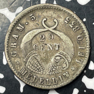 1876 Colombia Medellin 20 Centavos Lot#JM8675 Silver! Scarce!