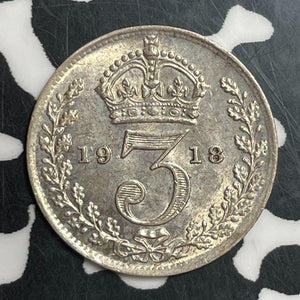 1918 Great Britain 3 Pence Threepence Lot#T2432 Silver! High Grade! Beautiful!