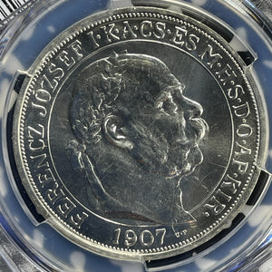 "1907"-KB UP Hungary Coronation 5 Korona PCGS MS66 Lot#G959 Silver! Restrike