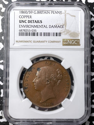 1860/59 G.B. 1 Penny NGC Environmental Damage-UNC Detail Lot#G7243 Key Date!