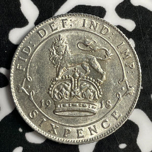 1918 Great Britain 6 Pence Sixpence Lot#E1616 Silver! High Grade! Beautiful!