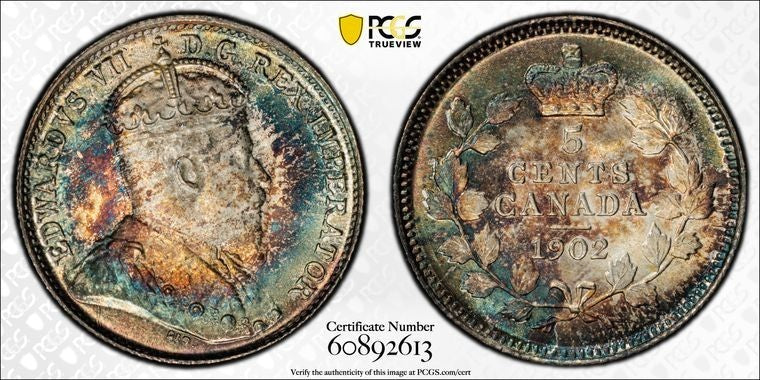 1902 Canada 5 Cents PCGS MS66 Lot#G2355 Silver! Gem BU! Beautiful Toning!