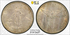 1903-S U.S. Philippines 1 Peso PCGS AU55 Lot#G9371 Silver!