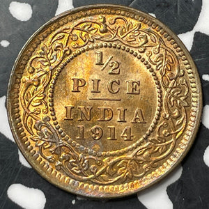 1914 India 1/2 Pice Half Pice Lot#E8809 High Grade! Beautiful!