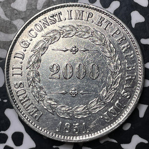 1851 Brazil 2000 Reis Lot#JM8550 Large Silver! Nice Detail, Cleaned