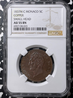 1837-M C Monaco 5 Centimes NGC AU55BN Lot#G9053 Small Head