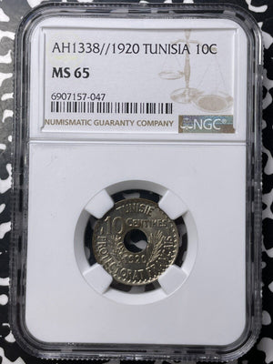 AH 1338 (1920) Tunisia 10 Centimes NGC MS65 Lot#G8995 Gem BU!