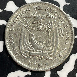 1892-Lima Ecuador 2 Decimos Lot#T1302 Silver! Nice!