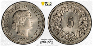 1908-B Switzerland 5 Rappen PCGS MS65 Lot#G720 Gem BU!