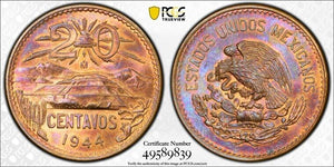 1944-Mo Mexico 20 Centavos PCGS MS63RB Lot#G7709 Beautiful Toning! Choice UNC!