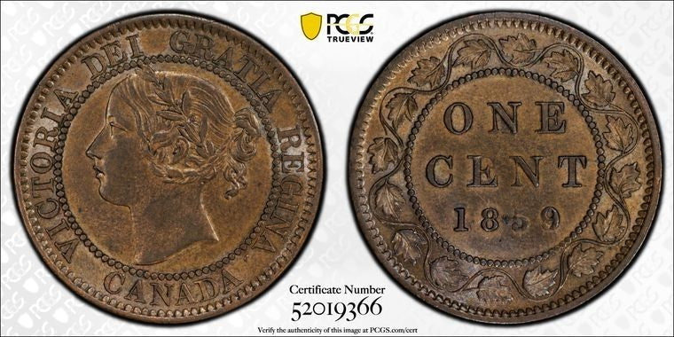 1859/8 Canada Large Cent PCGS AU55 Lot#G1505 Wide '9' Overdate, Medal Alignment