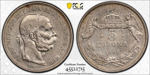 1900-KB Hungary 5 Korun PCGS XF45 Lot#G8761 Large Silver! KM#488